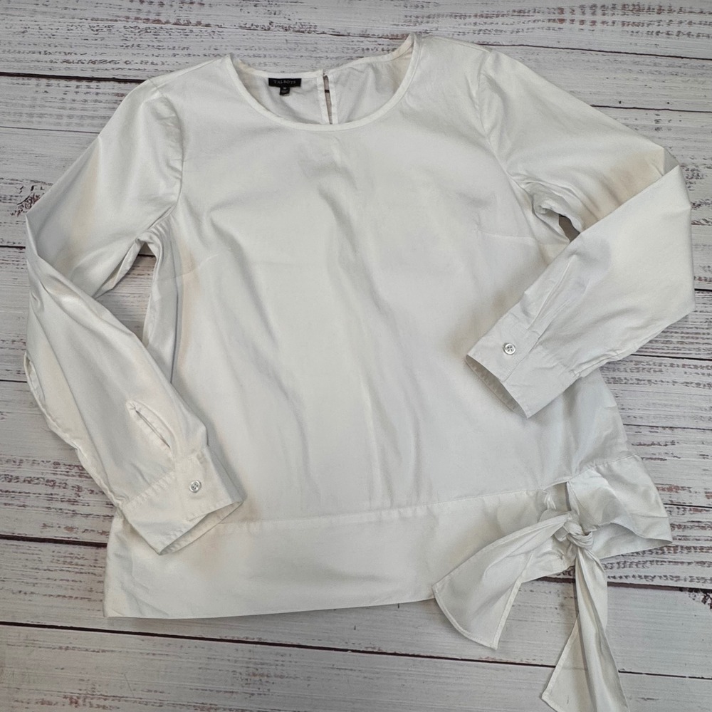 Talbots White Cotton Blend Long Sleeve Bow Tie Side Blouse Top Size M
